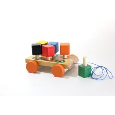 Imagem de Brinquedo Educativo de Madeira com Cubos Coloridos, Carrinho de Puxar com Blocos Geométricos, para Crianças de 18 Meses a 3 Anos