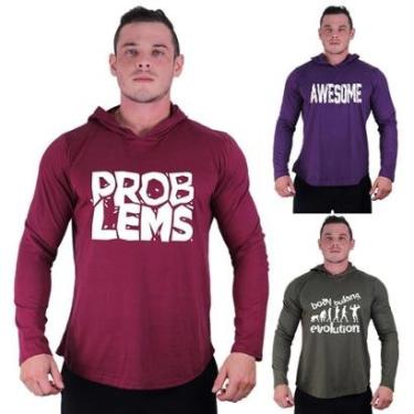 Imagem de Kit 3 Camisetas Manga Longa com Touca Longline Estampada Treino Academia Lazer Casual-Masculino