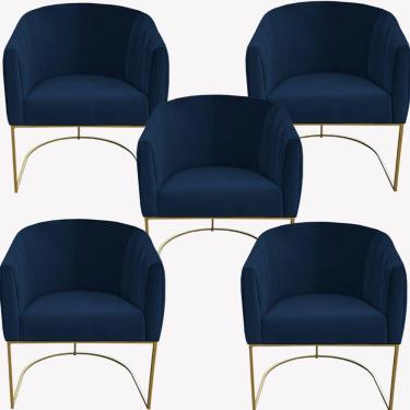 Imagem de Kit 05 Poltrona Julia Com Base De Ferro Sala De Estar Escritório Recepção Clinica Suede Azul Marinho D'classe Decor