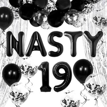 Imagem de Nasty 19 decoração de aniversário preto 19 decorações de festa nasty 19 sinal engraçado aniversário decoração balões 19 anos decoração tema decoração para homem