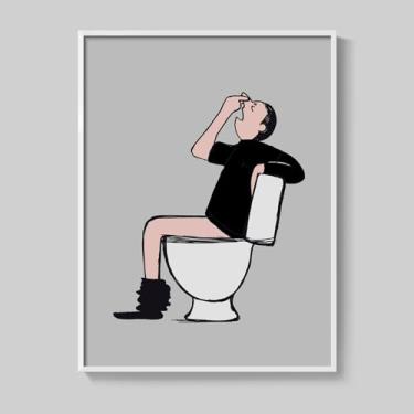 Imagem de Decoração de parede de banheiro engraçada emoldurada, preto e branco, pintura em tela de homem peculiar, arte de parede de humor de banheiro, desenho animado cinza no banheiro, imagem de arte para