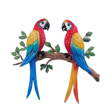 Imagem de Limygus Arte de parede de metal tropical com dois papagaios, arara colorida no ramo, decoração de jardim interno e externo, decoração suspensa pintada à mão para pátio, cerca, sala de estar, quarto