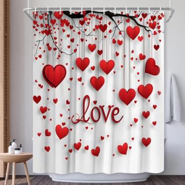 Imagem de EUBTPA Cortina de chuveiro para dia dos namorados, coração vermelho, árvore, casal, romântico, amor, amor, padrão pétala, decoração de banho, cortinas de tecido de poliéster 177 x 177 cm