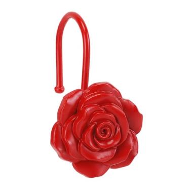 Imagem de Ganchos de cortina de chuveiro rosa de metal, ganchos resistentes à ferrugem para varões de cortina de chuveiro, conjunto de 12, flores de rosa de banheiro, design resistente, linda decoração floral
