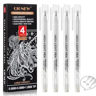 Imagem de Qionew Canetas de gel brancas, 1,0 mm, 0,8 mm, 0,6 mm, ponta fina sortida, caneta de arquivo branca opaca para desenho de papel preto, esboço, ilustração, diário de balas, pacote com 4