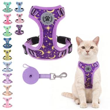 Imagem de BEAUTYZOO Arnês para gatos, coleira à prova de fuga e arnês para caminhar, colete respirável macio com pescoço ajustável, peitoral reflexivo de fácil controle para gatos (design estrela), roxo P