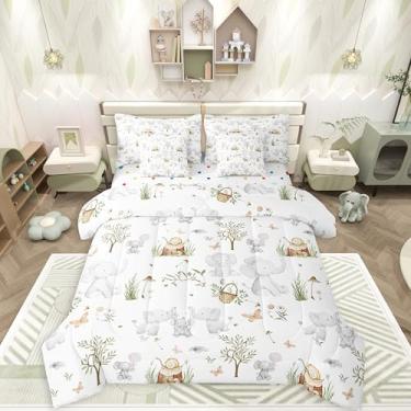 Imagem de Erosebridal Jogo de cama infantil casal com desenho animado de animais da floresta, caracóis e vida selvagem, elefante, família, toco, borboleta, árvores, lençol de cima, lençol com elástico