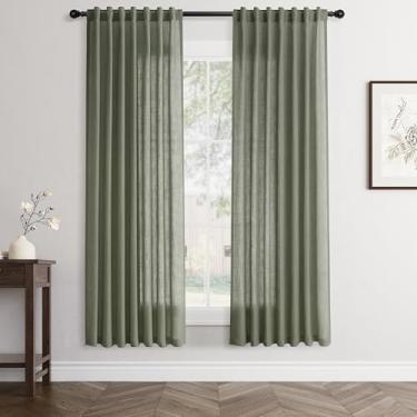 Imagem de Cortinas de linho verde-oliva 178 cm de comprimento, conjunto com 2 painéis, cortinas modernas para sala de estar, cortina semitransparente, privacidade, 178 cm de comprimento
