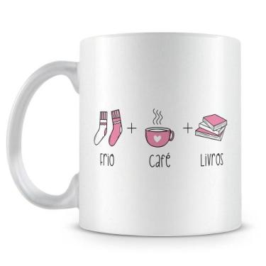 Imagem de Caneca Perolada Branca de Porcelana - Frio, Café e Livros - Amo Caneca