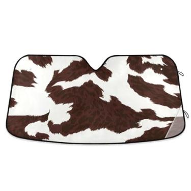 Imagem de ATTX Pára-brisas de carro com textura de couro de vaca marrom branco 139.7 cm x 70.1 cm Protetor solar universal com proteção UV, persiana de janela frontal automática dobrável para caminhões Sedans