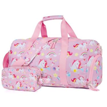 Imagem de Vipdeal Bolsa infantil para viagem, bolsas grandes de fim de semana com bolsa de higiene infantil com compartimento para sapatos de mão, Unicórnio rosa, Bolsa infantil com conjunto de bolsa de higiene