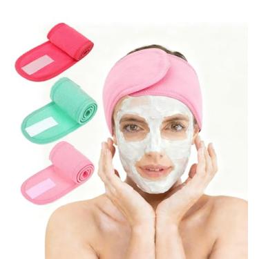 Imagem de 3 faixas de cabelo de spa para maquiagem, faixa de cabelo ajustável, tecido felpudo elástico, para lavar o rosto, chuveiro, rosa, verde e rosa