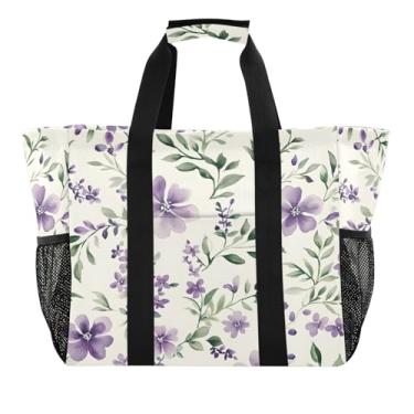 Imagem de Wassud Sacolas de compras reutilizáveis de flores em aquarela grande bolsa organizadora de lona impermeável para praia, piquenique, lavanderia, viagem