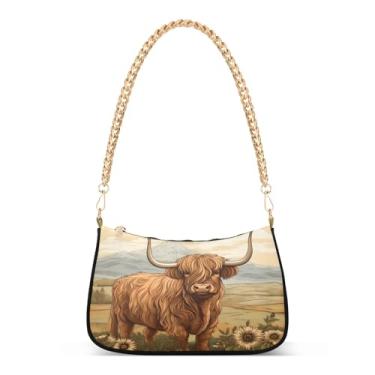 Imagem de CEBUGI Bolsas transversais femininas bolsa de ombro Highland Cow Bolsa clutch elegante com alça de corrente