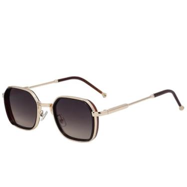 Imagem de JRLLFD Óculos de sol femininos de metal, armação pequena de luxo, punk, masculino, para dirigir ao ar livre, UV400 (cinza-chá dourado)