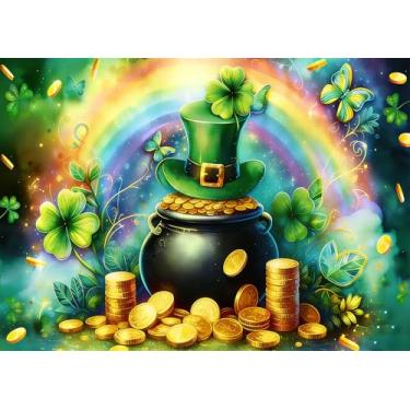Imagem de DePhoto Pano de fundo fotográfico feliz dia de São Patrício 2,8 x 1,8 m arco-íris moedas douradas trevo verde pano de fundo fotografia dia de São Patrício suprimentos de decoração de festa adereços de