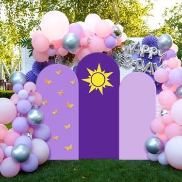 Imagem de Chunful 3 peças de capa de fundo de arco de aniversário, decoração de fundo de foto de chá de bebê, 2 lados, redondo, sol e borboleta, para decoração de festa de casamento, aniversário, festa