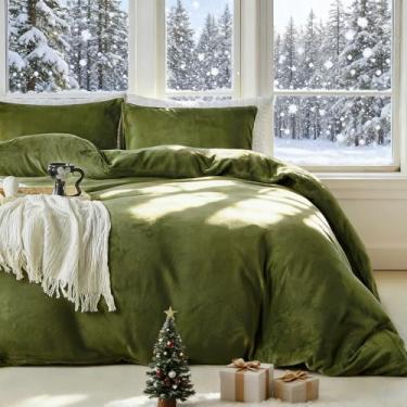 Imagem de WARMDERN Conjunto de capa de edredom de veludo verde-oliva super king, capa de edredom de veludo de leite de luxo com fecho de zíper, 3 peças de capas de edredom ultramacias para todas as estações