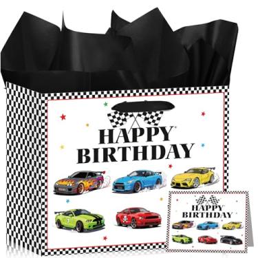 Imagem de Bolsa de presente de aniversário de carro de corrida, decorações de aniversário, 6 carros de corrida quentes, saco de embrulho de presente com papel de seda e cartão para meninos, meninas