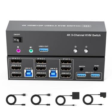 Imagem de TaiLaiEra Switch Kvm 4K, 3 Monitores, 2 Computadores, Três Displayport E Hdmi, Usb 3.0, Switches 4K A 60 Hz, Suporta Modo Estendido/Espelho, Portas De Compartilhamento Com Controlador Desktop, Adapt