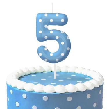 Imagem de Velas de aniversário de bolinhas azuis para bolo, velas número 5, decorações de aniversário, suprimentos de festa, topo de bolo de bolinhas para decoração de festa temática para meninos e meninas