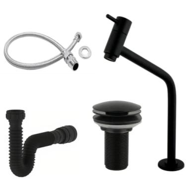 Imagem de Kit de Banheiro em ABS- Torneira Bancada + Ralo Válvula click 7/8 Preto + Sifão + Engate 40CM