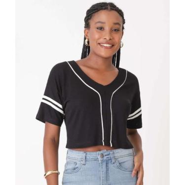 Imagem de Blusa Cropped Feminina Listras Manga Curta Marisa-14006, PP, Preto