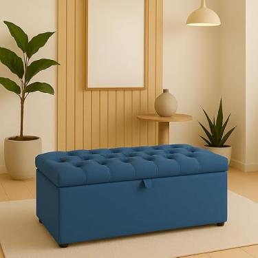 Imagem de Baú Organizador Estofado com Assento 90x40x42 cm – MDF 15mm, Revestimento em Suede, Suporta até 200kg(Espessura da espuma:8 Cm,Tampa Captone Azul)