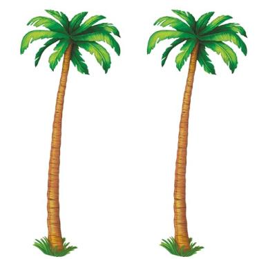 Imagem de Beistle 2 peças de papel de cartolina articulada durável, palmeiras, luau, decoração de aniversário, festa tropical, verão, tema de praia, pano de fundo havaiano, 1,5 m, verde/marrom