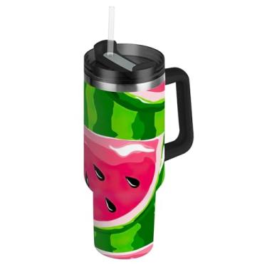 Imagem de Joisal Copo com alça 850 g Copos de aço inoxidável com tampa e canudos Garrafas de água isoladas femininas carros caneca de café bebida quente melancia pele rosa carne verde
