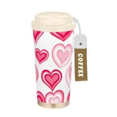 Imagem de TSENQUE Caneca de café de viagem de 473 ml, copo de caneca de café com revestimento cerâmico com tampa e canudo, copo isolado a vácuo de aço inoxidável, coração rosa fofo