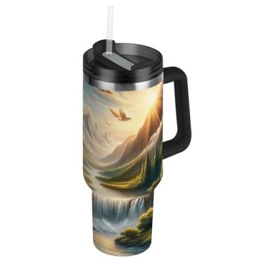 Imagem de Joisal Copo com alça 1,134 g copos de aço inoxidável com tampa e canudos rosa linda garrafa de água isolada garrafa de água cabe no copo de carro Serene Bunny Waterfall Valley