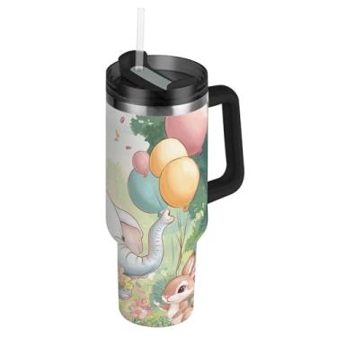 Imagem de Joisal Copos com tampas e canudo fofo balão de festa de elefante 1,134 g copo com alça grande garrafa de água isolada copo de aço inoxidável para quente e frio