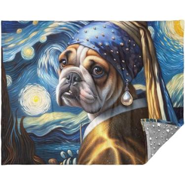 Imagem de Cobertor de Natal personalizado buldogue com brinco de pérola, cobertores macios confortáveis para mulheres 178 x 139 cm, cobertor solteiro de verão