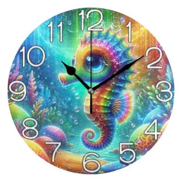 Imagem de GAIGEO Relógio de parede analógico decorativo estético silencioso sem tique-taque relógio de sala de aula, relógio de escritório retrô moderno art déco, decoração de parede bonito cavalo marinho