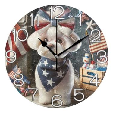 Imagem de GAIGEO Relógio de parede analógico decorativo relógio de cozinha bonito estético silencioso sem tique-taque, decoração de parede vintage, sala de estar, bandeira da América de cachorro fofo, 25 cm