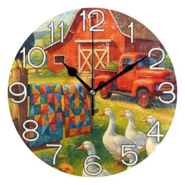 Imagem de GAIGEO Relógio de parede analógico decorativo operado por bateria relógio de cozinha rústico, decoração de parede de meados do século sala de estar, desenho animado animal galo floral, 25 cm