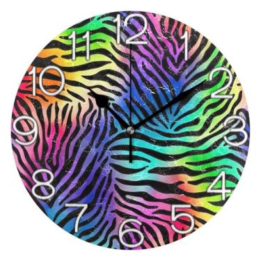 Imagem de Relógio de parede analógico decorativo redondo sem tique-taque silencioso relógio de cozinha fofo, arte de parede moderna legal decoração de casa, arco-íris colorido zebra, luz de zebra, 25 cm