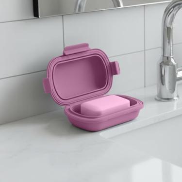 Imagem de Saboneteira de silicone com tampa à prova de vazamento, recipiente de sabão em barra ou dobra plana com camada de drenagem para viagens e hotéis