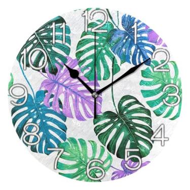 Imagem de Relógio de parede analógico decorativo relógio de cozinha rústico operado a bateria, decoração de parede de casa de fazenda moderna vibrante folhas de monstera verde, 25 cm, ponteiros dourados