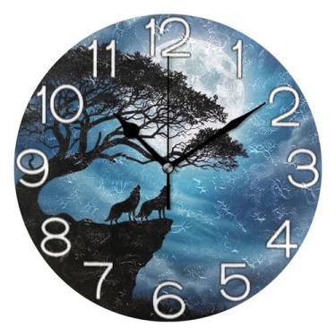 Imagem de GAIGEO Relógio de parede decorativo analógico relógio de cozinha rústico estético silencioso sem tique-taque, decoração de parede de meados do século, sala de estar, lobos legais, árvore lua, 25 cm