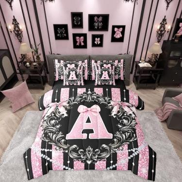 Imagem de Erosebridal Conjunto de cama solteiro preto e rosa, letra A, laço e alfabeto, 7 peças, conjunto de edredom gótico com glitter, com lençóis, kawaii, meninas, crianças, listras, cama em uma bolsa