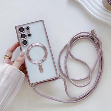 Imagem de Capa transparente com cordão para Samsung S24 S23 S22 S21 Ultra Plus, capa magnética com cordão para carregamento sem fio, rosa, para S22