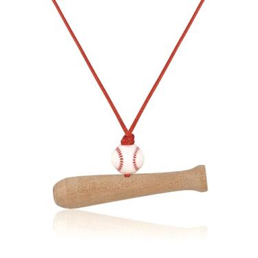 Imagem de Catuni Colar de beisebol, colar de taco de beisebol, pingente de bola e taco de madeira, presente para fãs de clube, corda vermelha