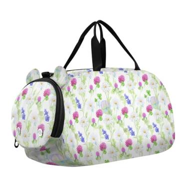 Imagem de Sacola de viagem com glitter rosa vibrante para meninas, bolsas de viagem para fim de semana, bolsa esportiva infantil para meninos, Aquarela, flores silvestres, branco 2, Clássico