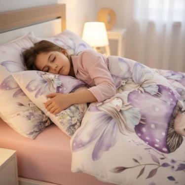 Imagem de Jogo de cama de casal de fada de borboleta, 7 peças, com flores fofas, lavanda, para crianças, meninos, meninas, borboletas, cogumelos, rosa, princesa, fofo, conjunto de cama