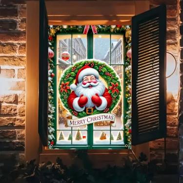 Imagem de BlissYard Capa de janela de Natal, 78 x 128 cm, guirlanda de Papai Noel, festiva, grande, decoração de Natal, inverno, decoração de casa, interior e exterior, linda festiva