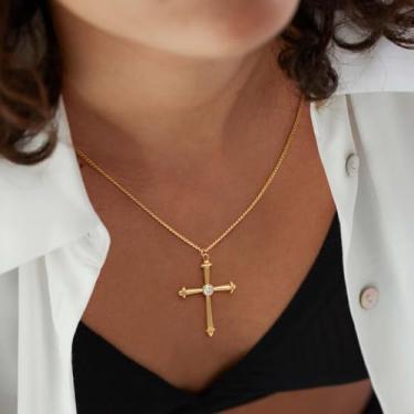 Imagem de Colar feminino com pingente de cruz delicada, zircônia cúbica, banhado a ouro 14 K, colar de cruz para mulheres, minimalista, joias modernas, presente, Medium, Latão, Sem Pedra Preciosa