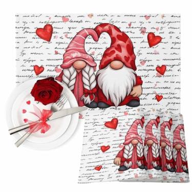 Imagem de Jogo americano de dia dos namorados, conjunto de 6, tapetes de mesa de jantar laváveis para casais de gnomo, festa de aniversário de casamento, decoração romântica dos namorados para cozinha e roupa