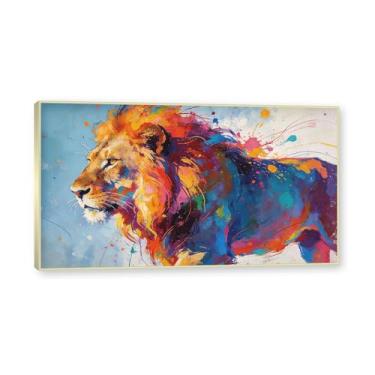 Imagem de NHLDZYH Moldura dourada. Pintura de leão colorida, impressão de arte abstrata vibrante, decoração de parede de animais selvagens e enérgicos, tela contemporânea moderna para quarto, academia, quarto